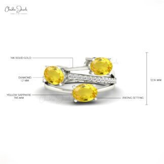 Three Stone Ring With 2.2 CTW Yellow Sapphire And Pave Diamond 14k Solid Gold Wedding Ring
