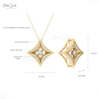 Real 14k Gold Star Pendant With 0.274 Ct White Diamond Halo Wedding Necklace