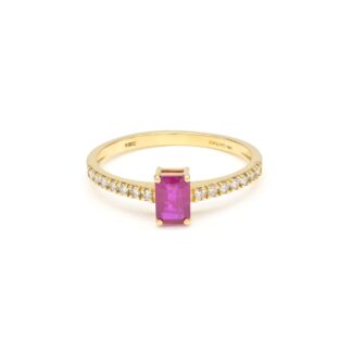 Octagon Gemstone Ring In 18k Yellow Gold Burma Ruby And Dainty Diamond Women Rings