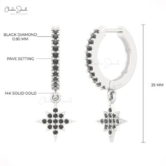 Celestial Star Drop Hoops In 14k Solid Gold Black Diamond Pave Set Dangle Earrings