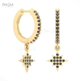 Celestial Star Drop Hoops In 14k Solid Gold Black Diamond Pave Set Dangle Earrings
