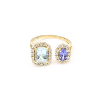Two Halo Tanzanite Ring In 14k Real Gold Aquamarine Diamond Certified Adjustable Rings