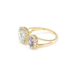 Two Halo Tanzanite Ring In 14k Real Gold Aquamarine Diamond Certified Adjustable Rings