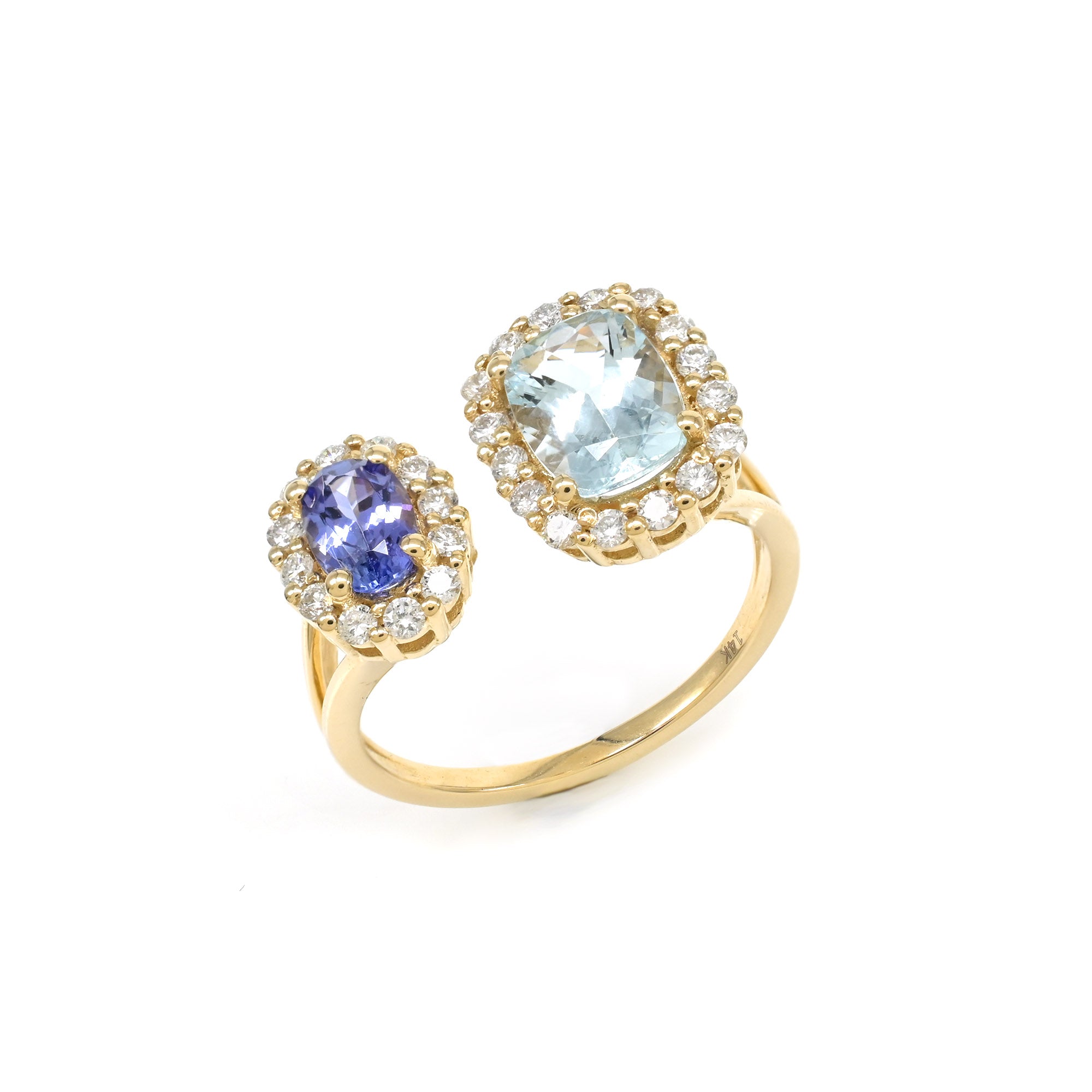 Two Halo Tanzanite Ring In 14k Real Gold Aquamarine Diamond Certified Adjustable Rings