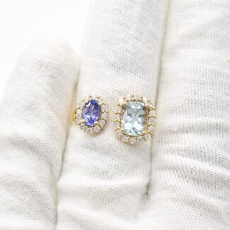 Two Halo Tanzanite Ring In 14k Real Gold Aquamarine Diamond Certified Adjustable Rings