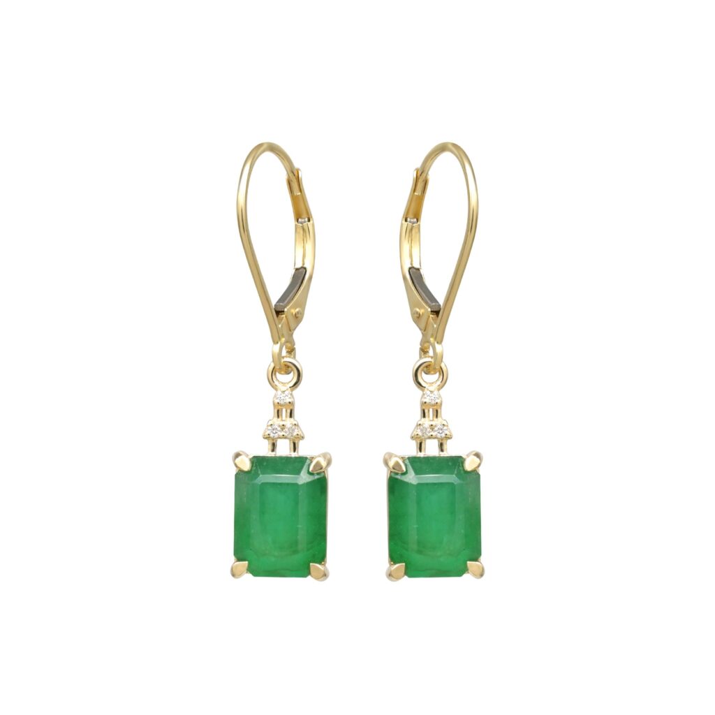 Octagon Emerald Dangle Earrings In 14k Yellow Gold G-H Diamond Lever Back Women Earring