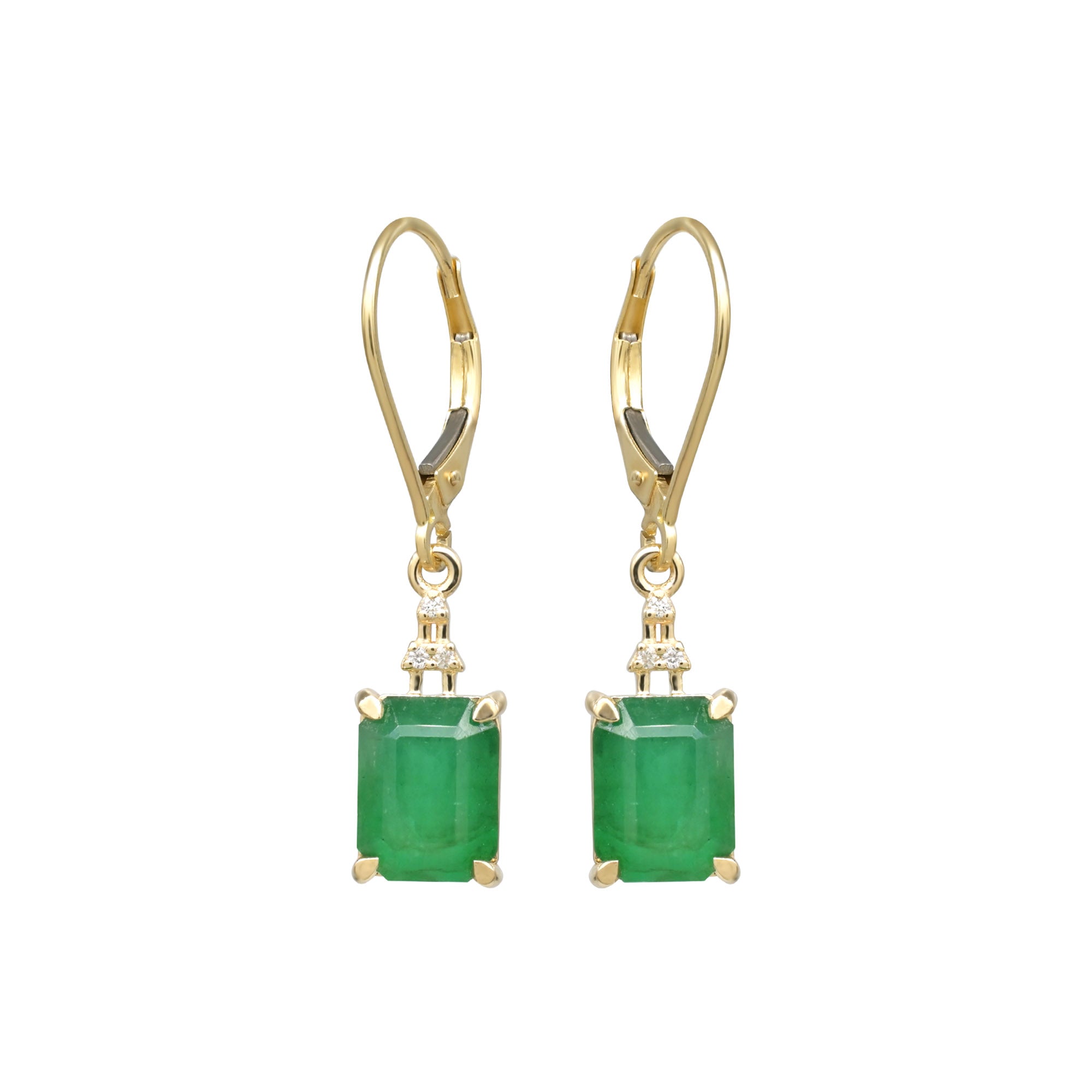 Octagon Emerald Dangle Earrings In 14k Yellow Gold G-H Diamond Lever Back Women Earring