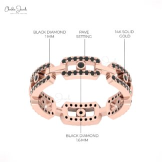 Dainty Stack Wedding Band In 14k Solid Gold Black Diamond Link Chain Handmade Ring