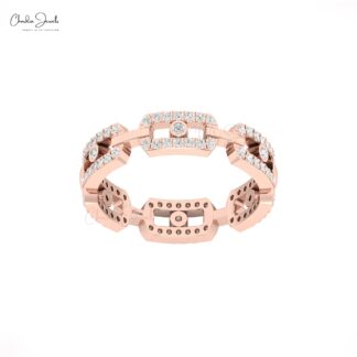 Round Cut Link Chain Ring With 0.39 Ct White Diamond Bezel Set In 14k Real Gold Rings