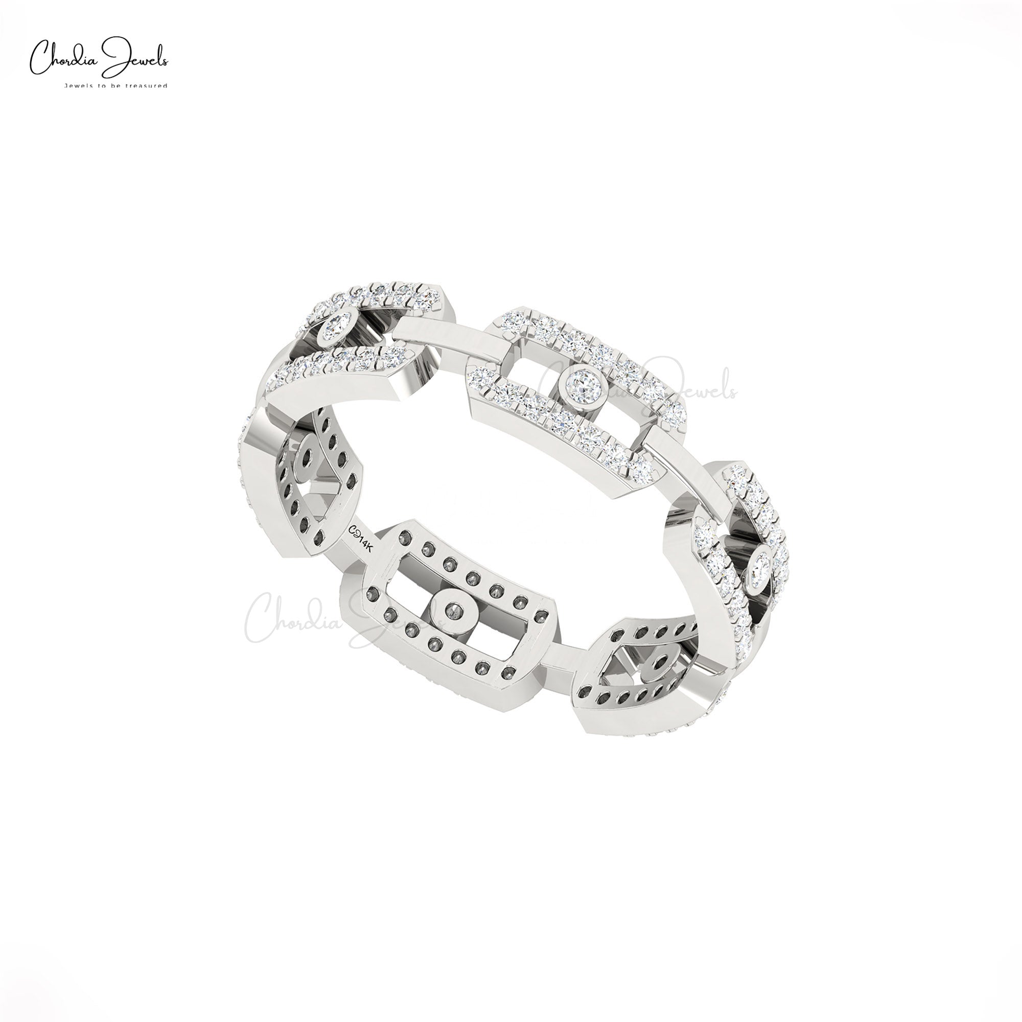 Round Cut Link Chain Ring With 0.39 Ct White Diamond Bezel Set In 14k Real Gold Rings