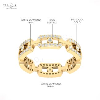 Round Cut Link Chain Ring With 0.39 Ct White Diamond Bezel Set In 14k Real Gold Rings