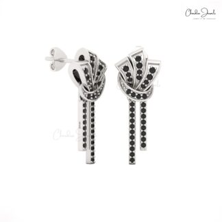 Round Cut Curved Earrings In 14k Solid Gold Black Diamond Dangle Bar Women Stud Earrings