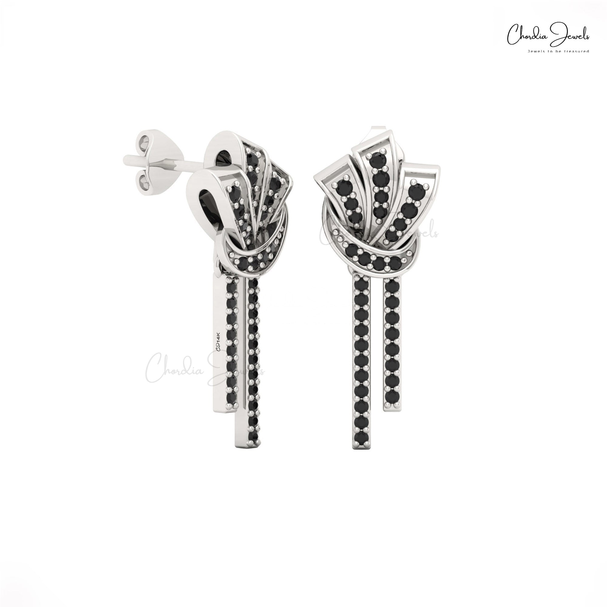 Round Cut Curved Earrings In 14k Solid Gold Black Diamond Dangle Bar Women Stud Earrings