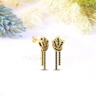 Round Cut Curved Earrings In 14k Solid Gold Black Diamond Dangle Bar Women Stud Earrings