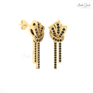 Round Cut Curved Earrings In 14k Solid Gold Black Diamond Dangle Bar Women Stud Earrings