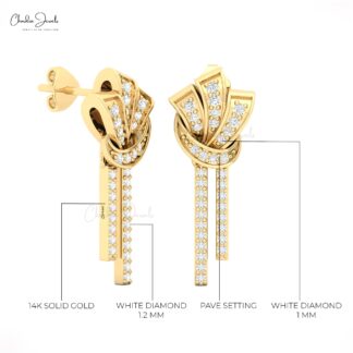 Diamond Bar Push Back Stud With 1.2mm White Diamond Round 14k Pure Gold Earrings For Her