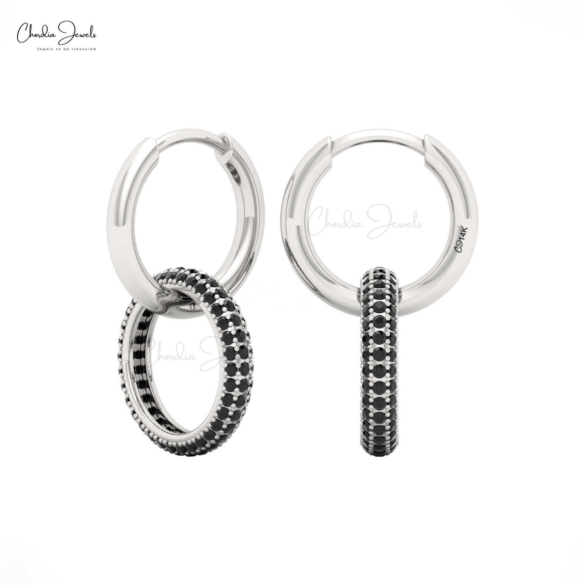 AAA Black Diamond Hoops In 14k Pure Gold Open Circle Hinge Back Earrings For Women