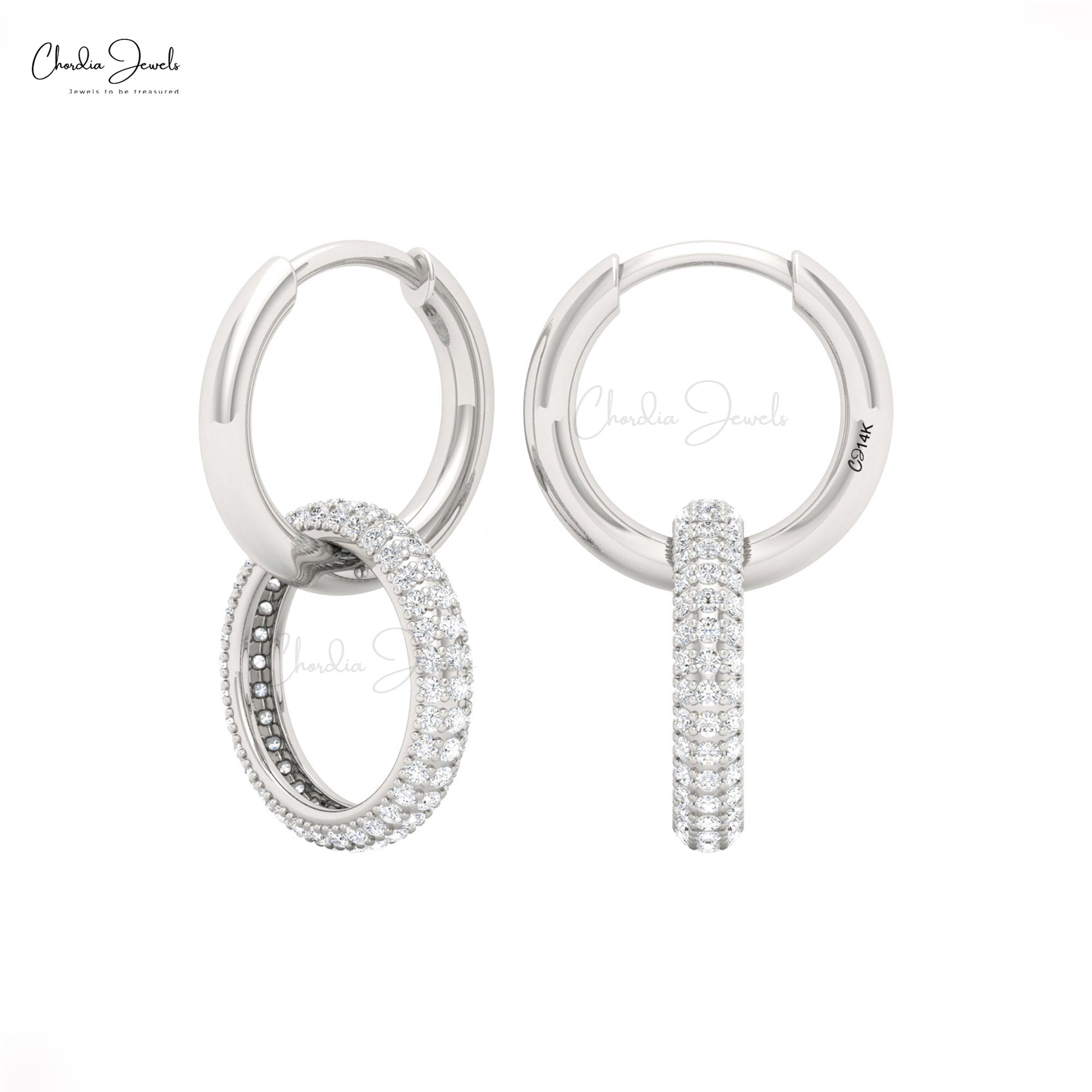Real 14k Gold Open Circle Hoops With 0.81 CTW White Diamond Pave Set Handmade Earrings