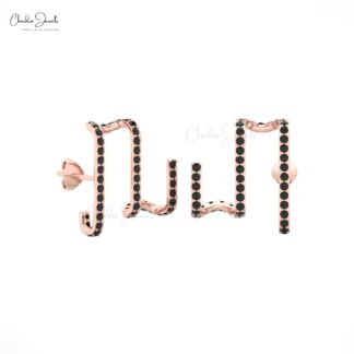 Real 14k Gold Zigzag Studs With 5mm Round Black Diamond Push Back Musical Style Earrings