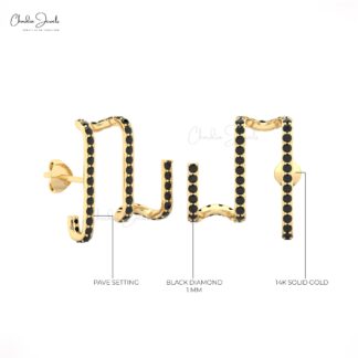 Real 14k Gold Zigzag Studs With 5mm Round Black Diamond Push Back Musical Style Earrings