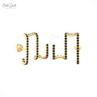Real 14k Gold Zigzag Studs With 5mm Round Black Diamond Push Back Musical Style Earrings