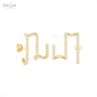 Musical Design Push Back Stud With 0.78 Ct White Diamond 14k Real Gold Zigzag Earrings