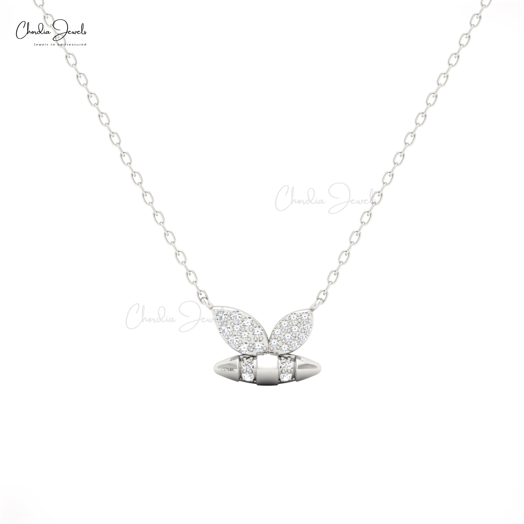 Dainty Bumblebee Chain Necklace In 14k Solid Gold White Diamond Cluster Necklace For Her