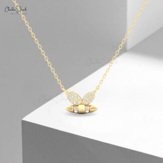 Dainty Bumblebee Chain Necklace In 14k Solid Gold White Diamond Cluster Necklace For Her