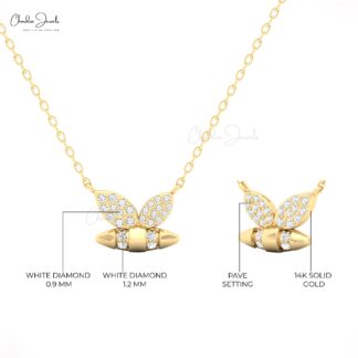 Dainty Bumblebee Chain Necklace In 14k Solid Gold White Diamond Cluster Necklace For Her