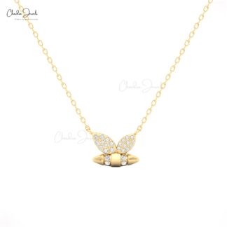 Dainty Bumblebee Chain Necklace In 14k Solid Gold White Diamond Cluster Necklace For Her