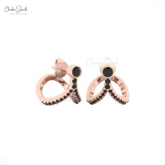 Dainty Curved Earrings In 14k Solid Gold Black Diamond 3mm Round Cut Bezel Set Studs