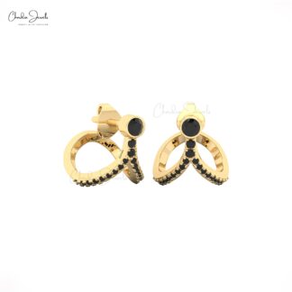 Dainty Curved Earrings In 14k Solid Gold Black Diamond 3mm Round Cut Bezel Set Studs