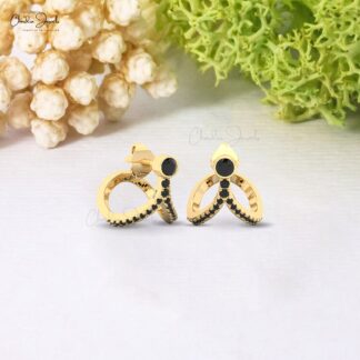 Dainty Curved Earrings In 14k Solid Gold Black Diamond 3mm Round Cut Bezel Set Studs