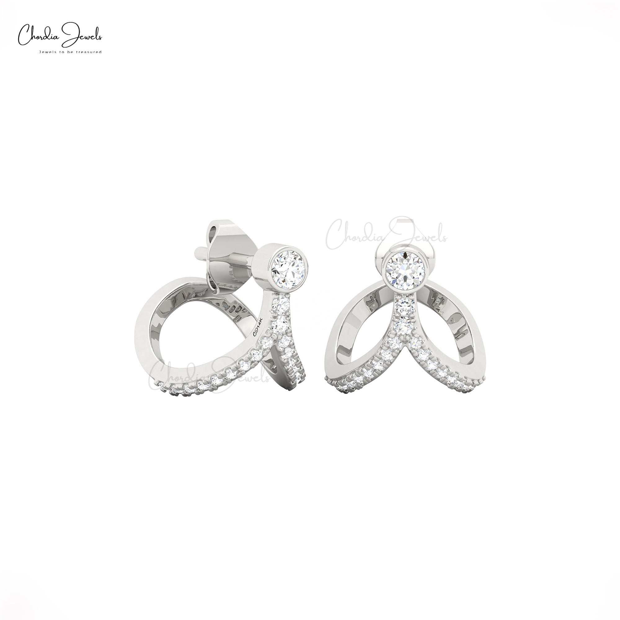Bezel Set Diamond Curved Studs With 3mm White Diamond 14k Solid Gold Bridal Earrings