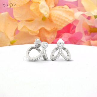 Bezel Set Diamond Curved Studs With 3mm White Diamond 14k Solid Gold Bridal Earrings