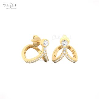 Bezel Set Diamond Curved Studs With 3mm White Diamond 14k Solid Gold Bridal Earrings