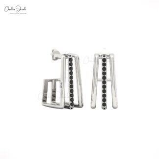 Delicate Tiny Line Bar Earrings In Solid 14k Gold Black Diamond Handmade Wedding Studs