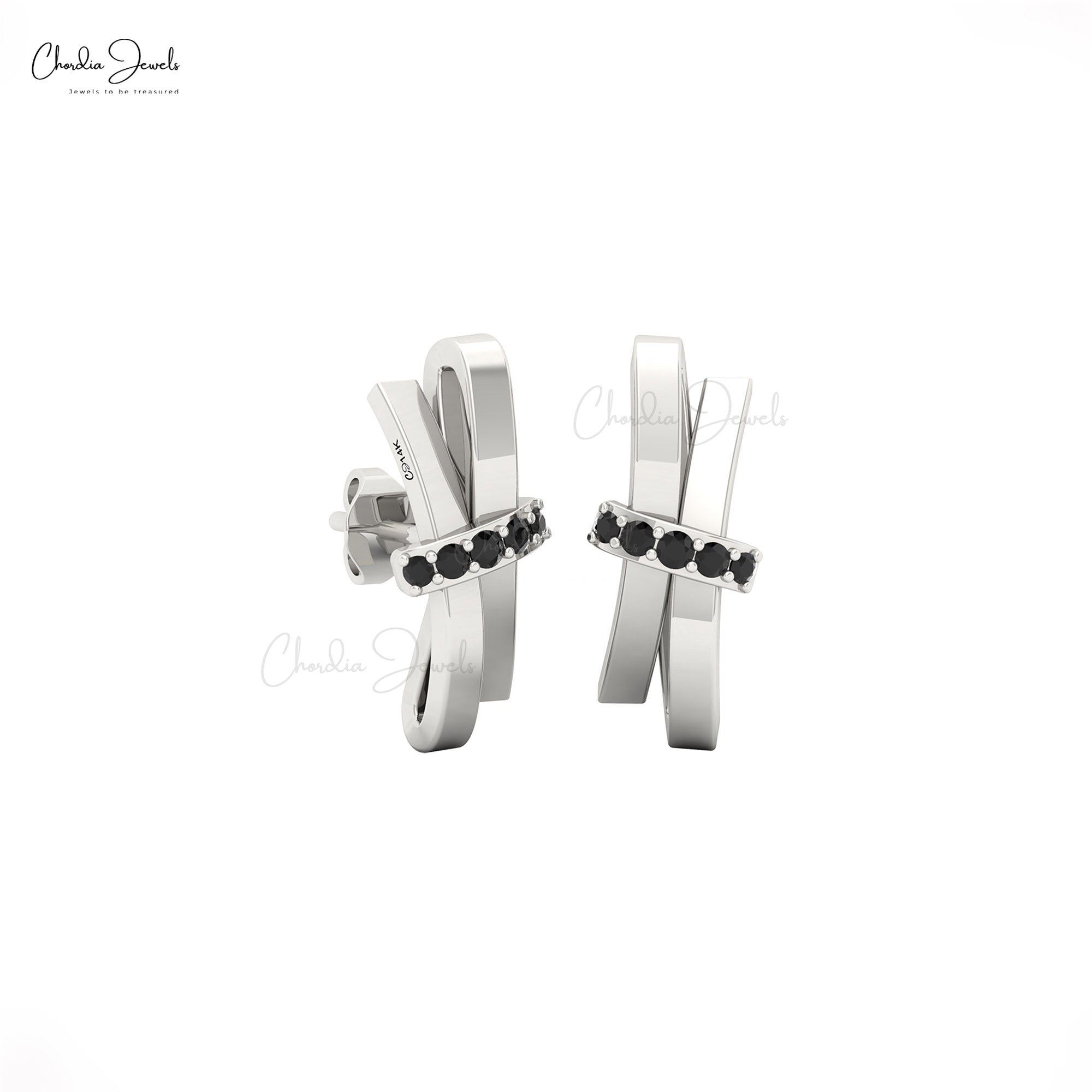 AAA Black Diamond Curved Earring With 0.11 Ct Round Cut Pave In 14k Real Gold Dainty Studs