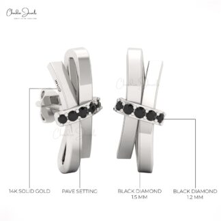 AAA Black Diamond Curved Earring With 0.11 Ct Round Cut Pave In 14k Real Gold Dainty Studs