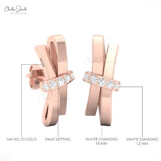 Genuine White Diamond Twisted Studs In 14k Solid Gold Curved Hallmarked Push Back Earrings