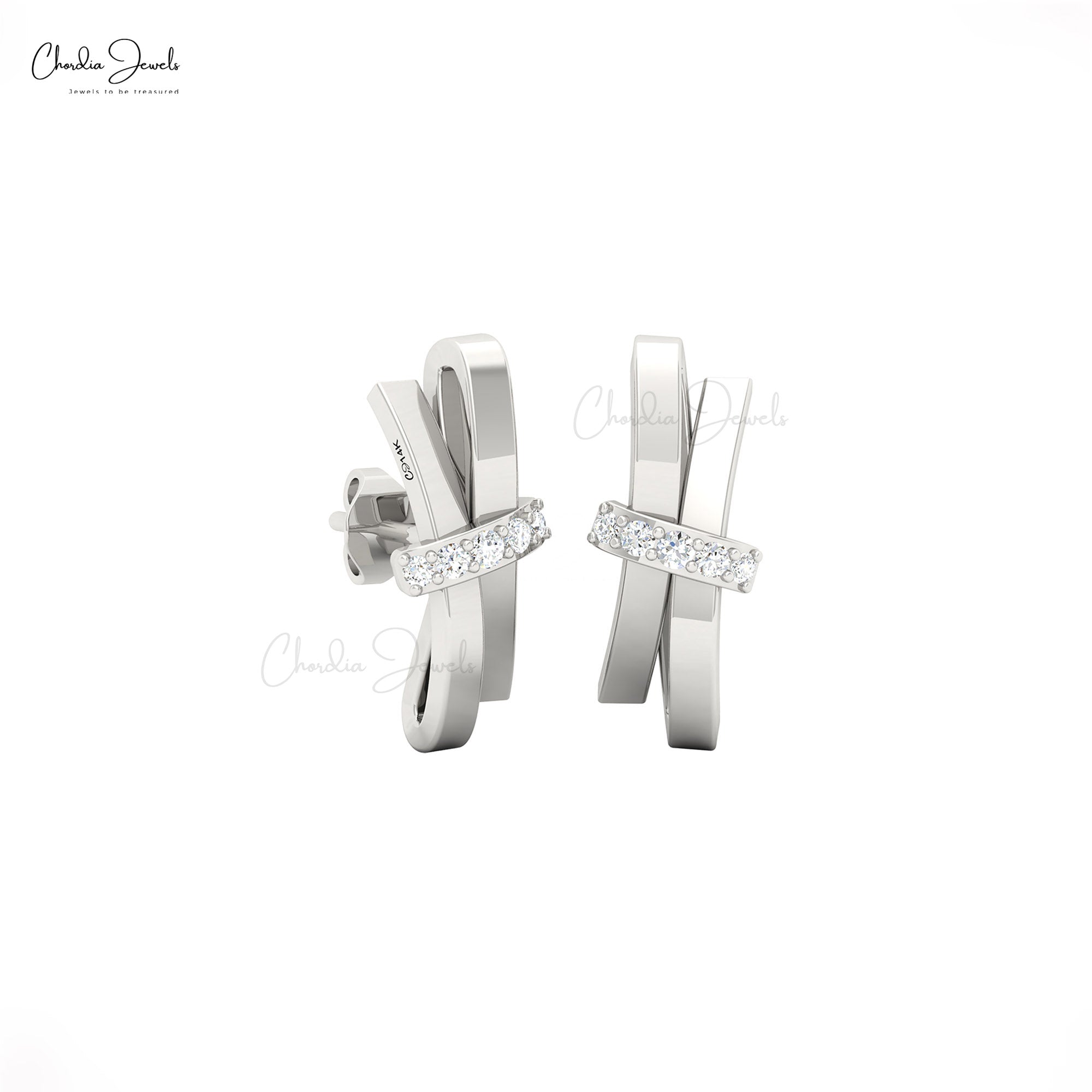 Genuine White Diamond Twisted Studs In 14k Solid Gold Curved Hallmarked Push Back Earrings