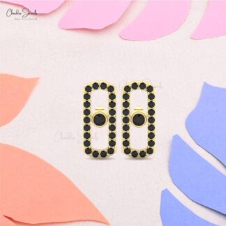 Rectangle Halo Earrings With 0.78 Ct Black Diamond Pave In 14k Solid Gold Move Uno Studs