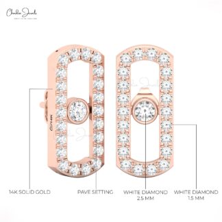 Round Cut Move Uno Studs In 14k Real Gold White Diamond Push Back Minimalist Earrings