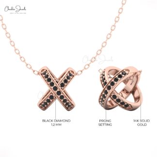 Rose Gold X Pendant Necklace with Black Diamonds