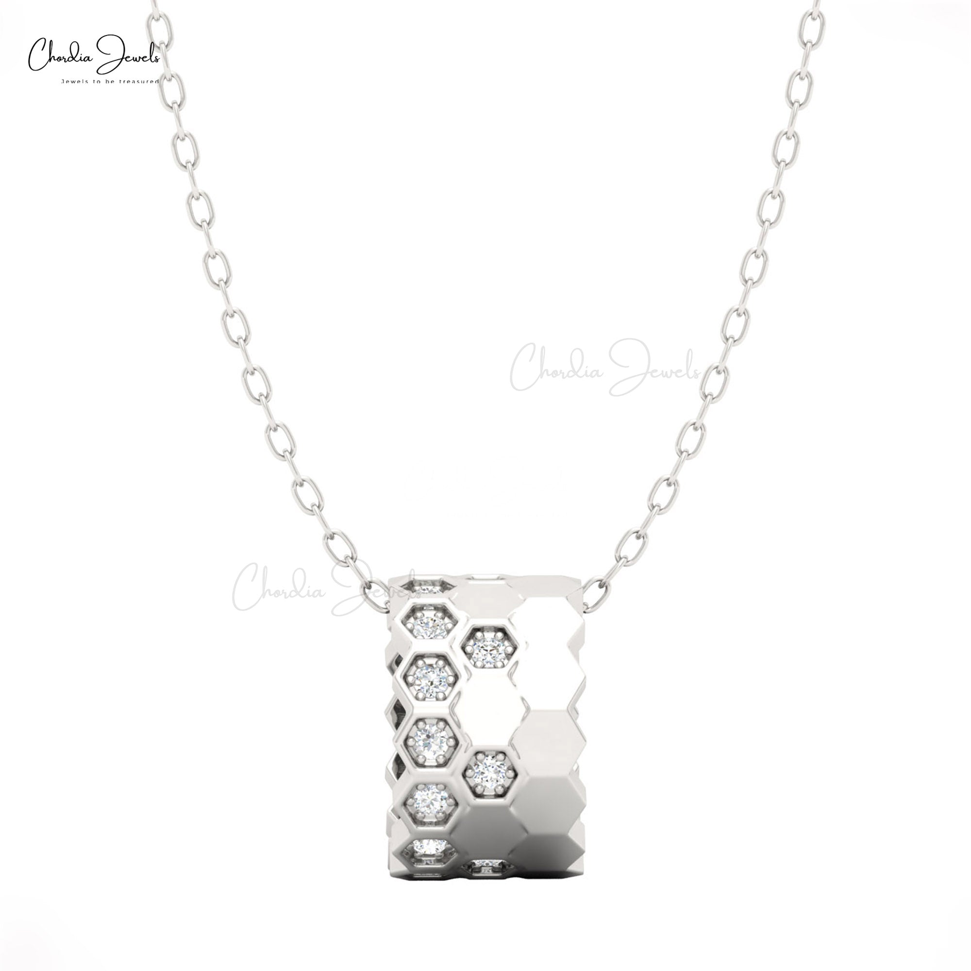 Honeycomb Diamond Pendant Necklace in 14K Solid Gold with White Diamonds