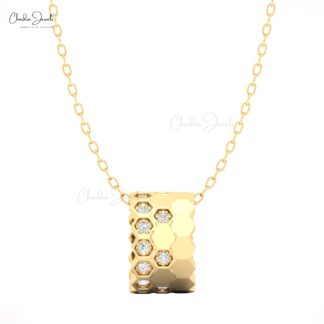 Honeycomb Diamond Pendant Necklace in 14K Solid Gold with White Diamonds