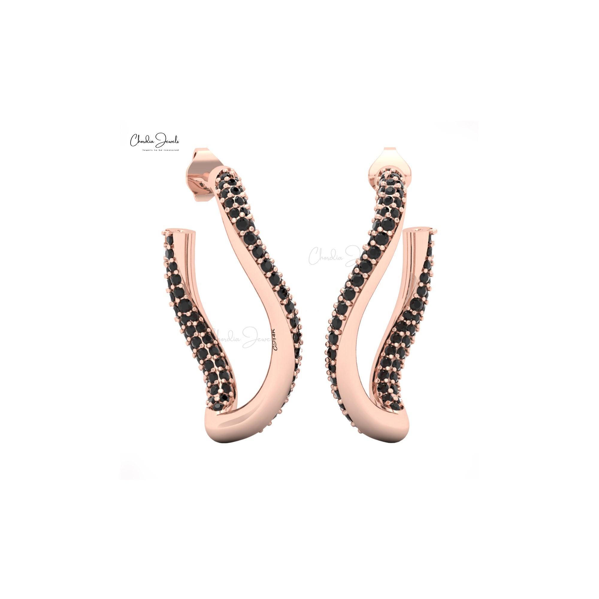 Minimalist 14k Gold Twisted Earrings with Black Diamond Accents