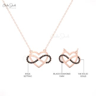 Black Diamond in 14k Solid Gold Open Heart Necklace ? 0.12 Ct Gemstone