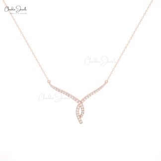 Twisted V Necklace in 14K Solid Gold with White Diamonds for Wedding