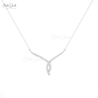 Twisted V Necklace in 14K Solid Gold with White Diamonds for Wedding